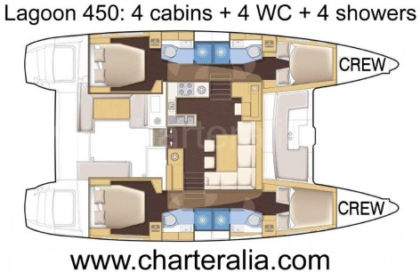 The distributions of the cabins on board of the Lagoon 450