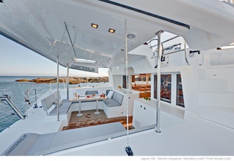 The stern deck of the Lagoon 450 with air conditioning sailing in Ibiza