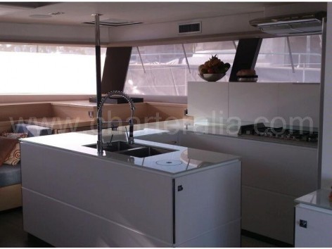 kitchen view from the stern at Victoria 67 charter catamaran in Ibiza