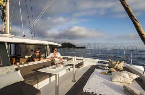 Large window of sun deck on Bali 43 boat hires in Ibiza