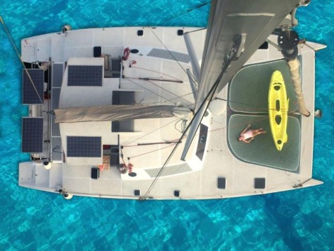 Aerial view of catamaran Cat 52 renting boat in Eivissa