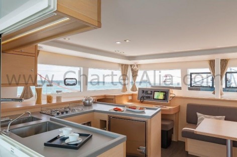 Galley of 450 SporTop Lagoon catamaran available for hire in Ibiza