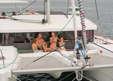 Trampoline of 450S Lagoon catamaran rental in Ibiza with skipper
