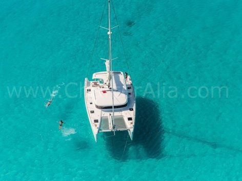 Aerial view of Lagoon 39 yacht for hire in Ibiza