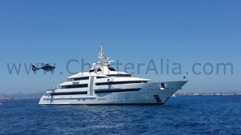 Megayacht with helicopter anchored at Illetas beach in Formentera