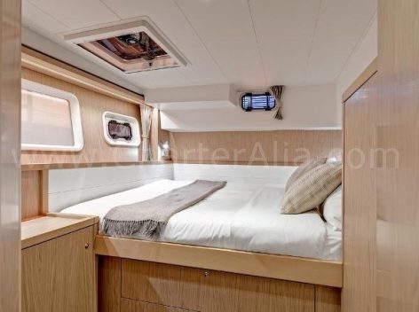 Well lit cabin of Lagoon 39 chartering yacht in Ibiza