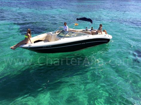 Drone view of speed boat Sea Ray 230 for hire in Formentera and Ibiza