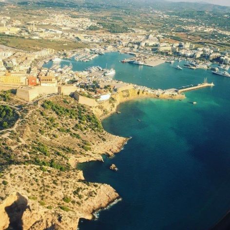 Panoramic photo of the bay and the ports of Ibiza