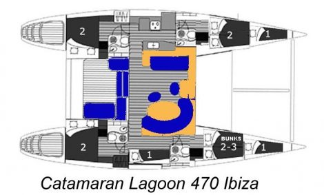 layout kaart Lagoon 470 catamaran ibiza