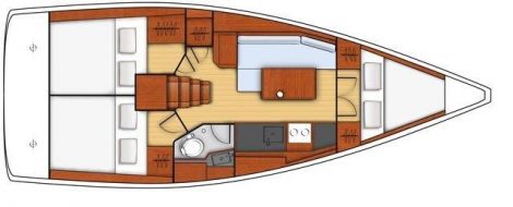 Plattegrond voor het interieur van de boot charter met kapitein Beneteau Oceanis 351 Ibiza