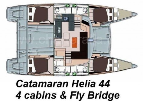 Distribución del catamaran Helia 44 version 4 cabinas de 2015
