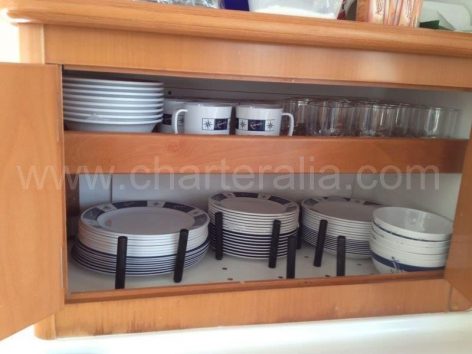 Glasses plates cups and all types of utensils included in the 2019 Lagoon 380 catamaran for rent in the Balearics