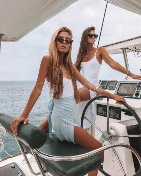 Two famous Spanish influencers aboard one of our six Lagoon 380 catamarans that we offer for rent in Ibiza and Formentera