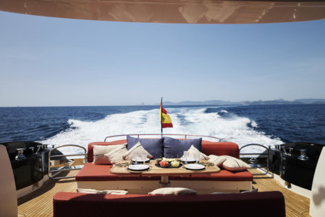 92 Sunseeker Predator outdoor dining table luxury yacht for hire in Ibiza