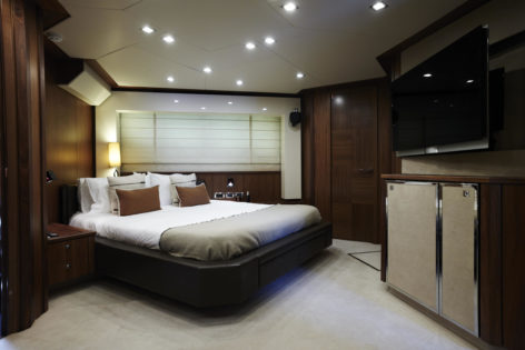 Master cabin on the luxury yacht Sunseeker Predator 92 refurbished with the finest materials