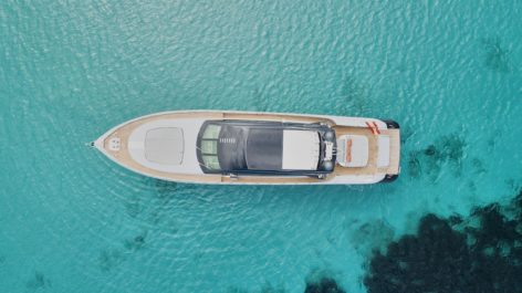 Modern and elegant design of the Mangusta 92 yacht in the waters of Formentera