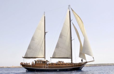 Goleta de madera navegando a toda vela en Formentera
